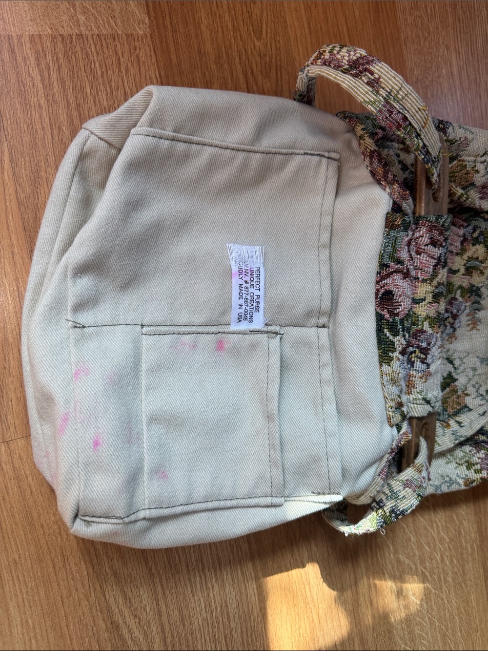 Vintage 90s Unique Creations Floral Tapestry Bag Wooden Handle cottagecore - Picture 10 of 11
